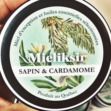 Mieliksir Miel biologique Huile essentielle Sapin Cardamome Propolis Québec Local